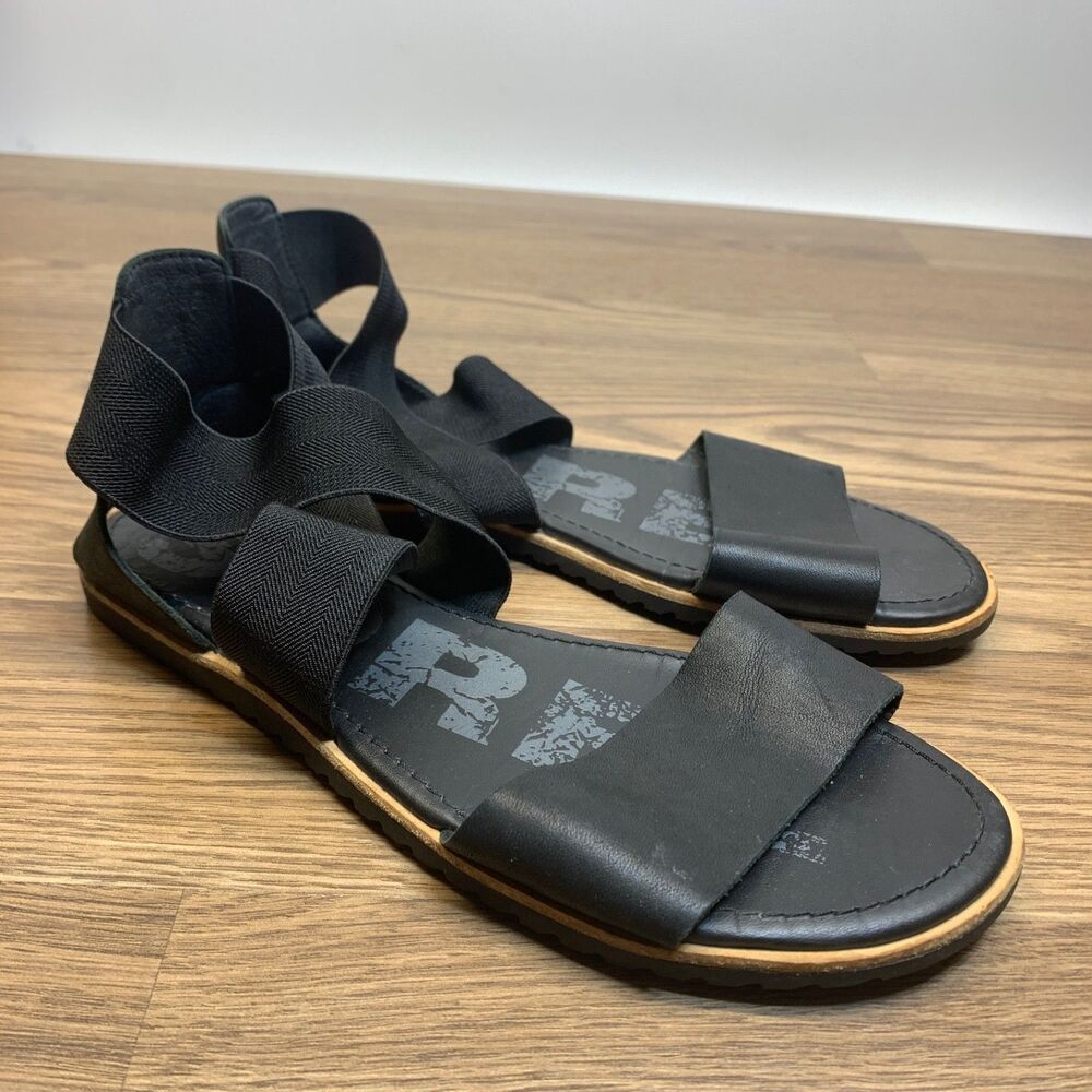 SOREL Women's Ella II‎ Sandal Size 8 Black Leather Strappy Slip On Casual